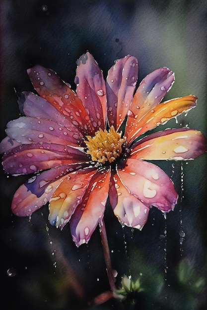 Watercolor painting of a flower with rain drops