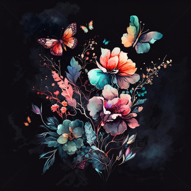 어두운 배경 생성 AI에 꽃과 나비의 수채화 그림