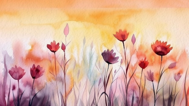 A watercolor painting of flowers in a field