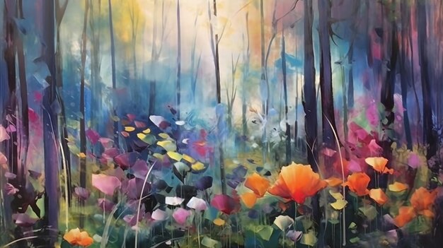 A watercolor painting of flowers in a forest with a calm enviroment