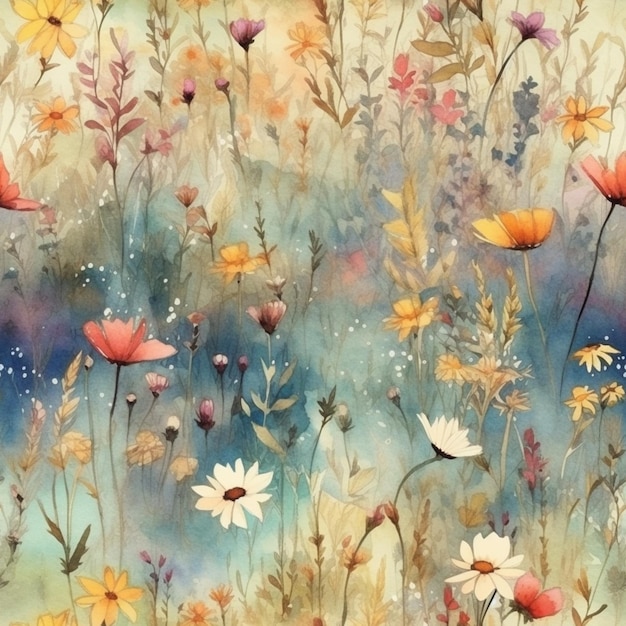 A watercolor painting of flowers in a garden.