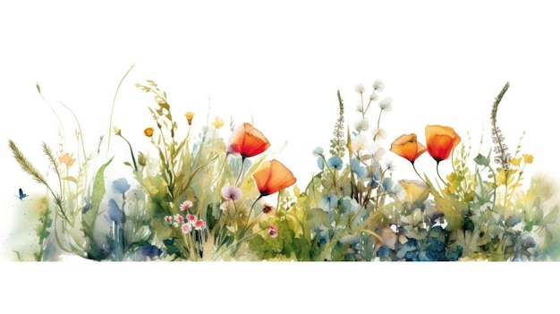 A watercolor painting of flowers and grass.