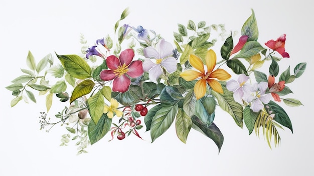 꽃과 나뭇잎의 수채화 그림