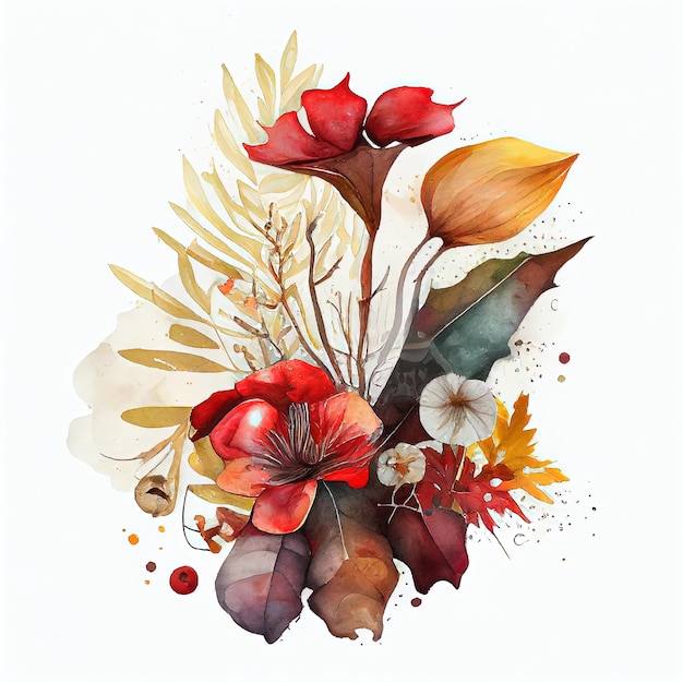 A watercolor painting of flowers and leaves.