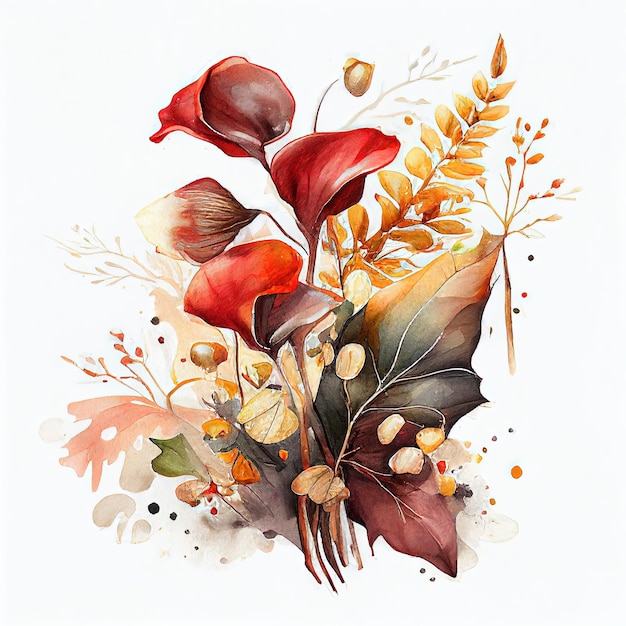 A watercolor painting of flowers and leaves.