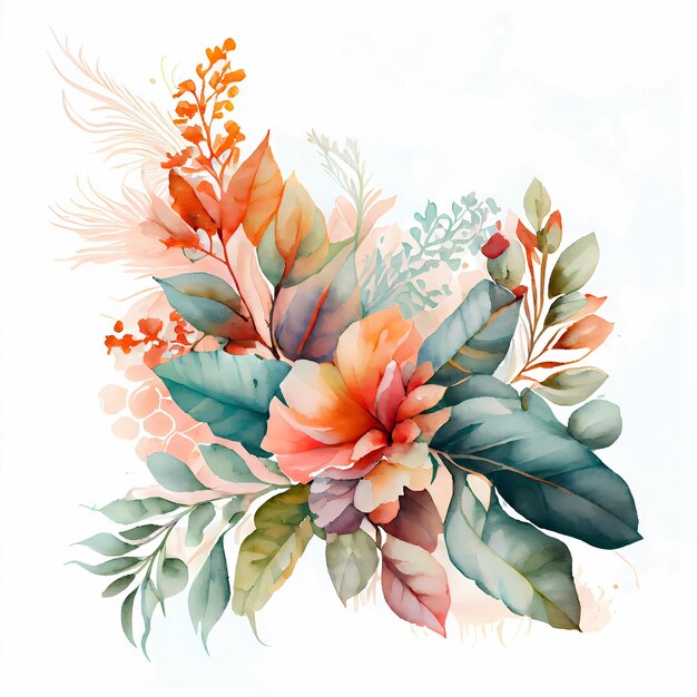 A watercolor painting of flowers and leaves.