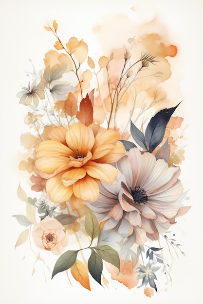 A watercolor painting of flowers and leaves.