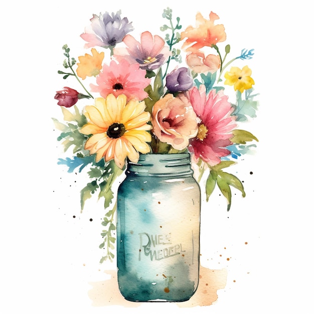 A watercolor painting of flowers in a mason jar