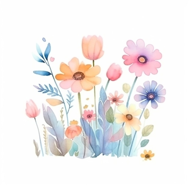 A watercolor painting of flowers in pastel colors.