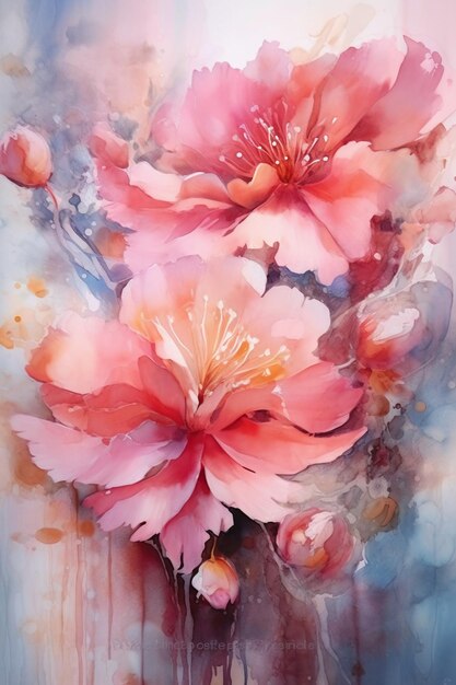 A watercolor painting of flowers in pink and blue