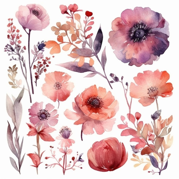 A watercolor painting of flowers and plants on a white background generative ai