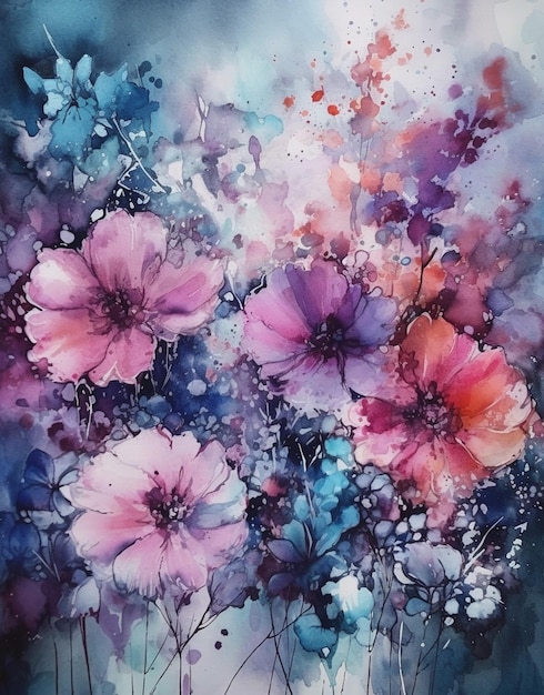 A watercolor painting of flowers in purple and blue.