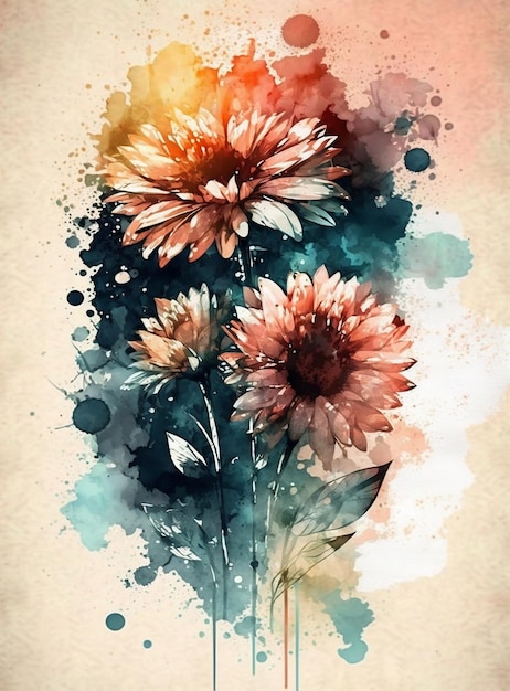 A watercolor painting of flowers with a blue background.