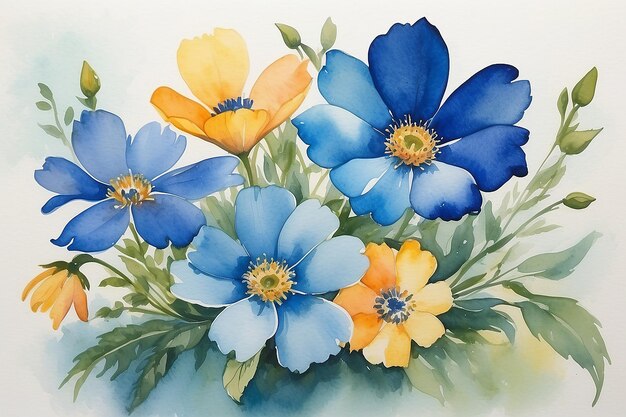 A watercolor painting of flowers with a blue ring on it