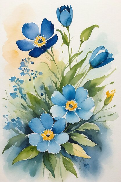 A watercolor painting of flowers with a blue ring on it