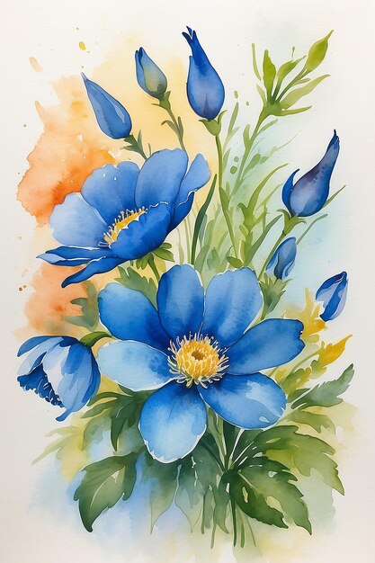 파란 반지 를 가진 꽃 의 수채화 그림