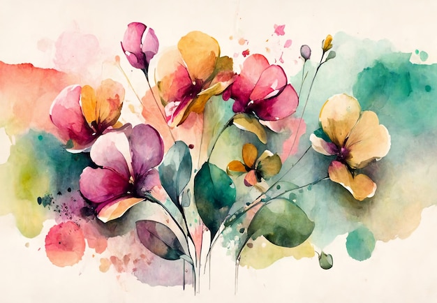 A watercolor painting of flowers with green leaves.