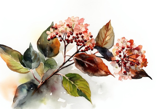 Акварельная картина цветов с листьями и ягодами.