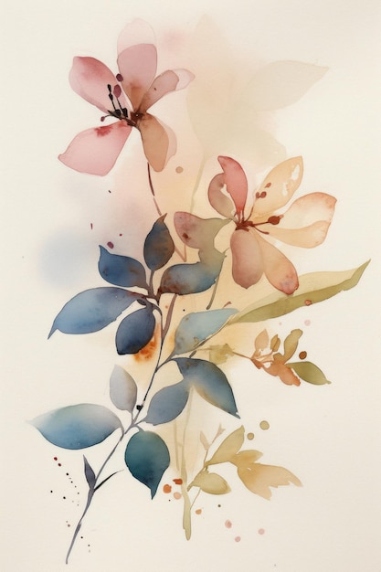 A watercolor painting of flowers with leaves and flowers.