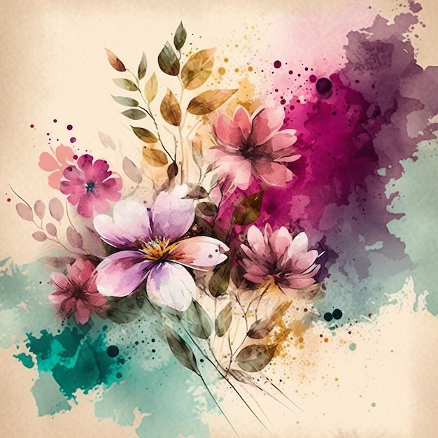 A watercolor painting of flowers with a purple and pink background.