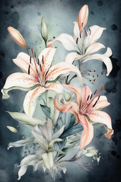 백합이라는 단어가 있는 꽃의 수채화 그림.
