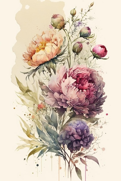 A watercolor painting of flowers with the word peony on it.