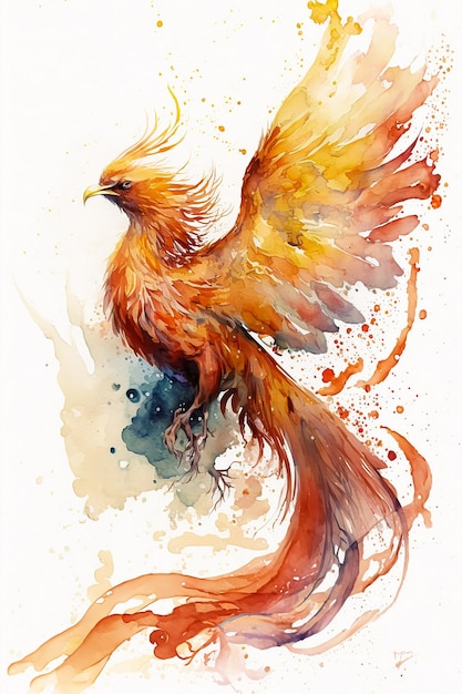 watercolor painting of a flowing phoenix bird flying upwards. ai generated