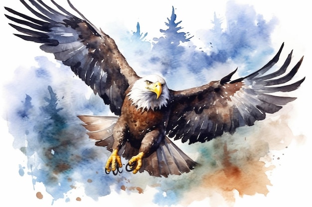 Watercolor painting of a flying eagle