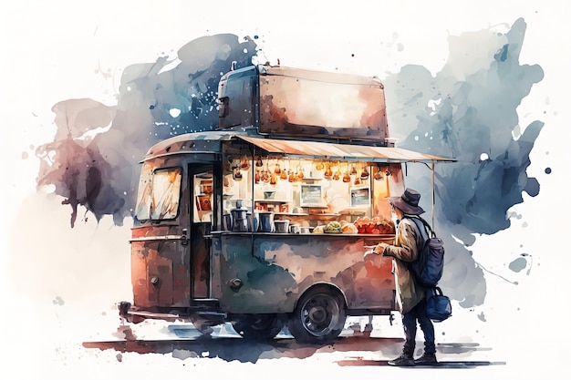 A watercolor painting of a food truck in the city of london.
