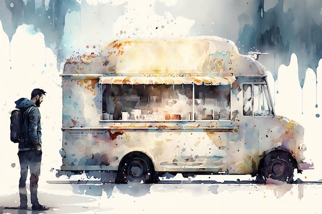 A watercolor painting of a food truck.