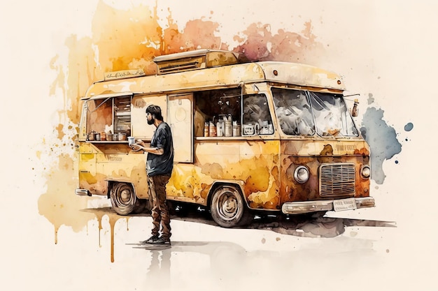 A watercolor painting of a food truck.