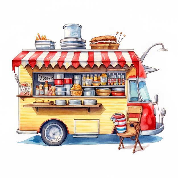 Premium AI Image A watercolor painting of a food truck.