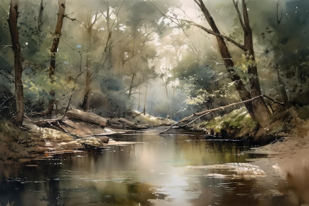 Watercolor painting of forest scene with tranquil stream and reflections
