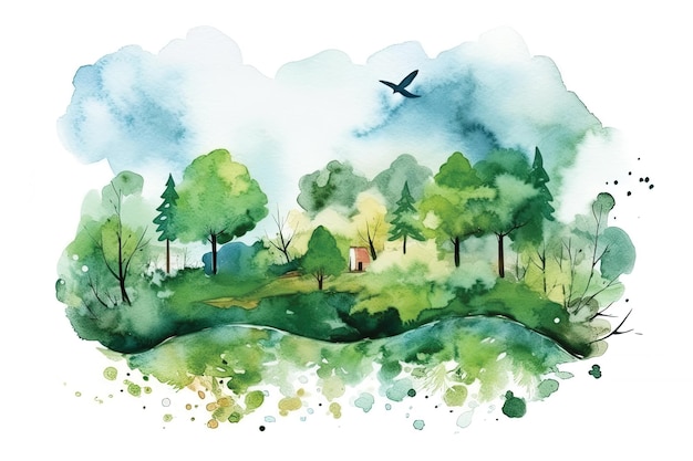 A watercolor painting of a forest with a bird flying above it.