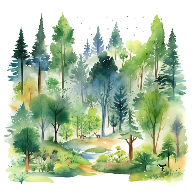 Photo a watercolor painting of a forest with a fox and a dog.