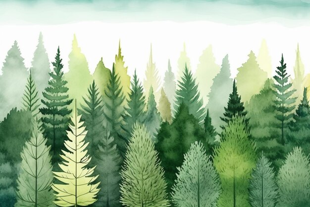 A watercolor painting of a forest with a green background and the words christmas in the middle.