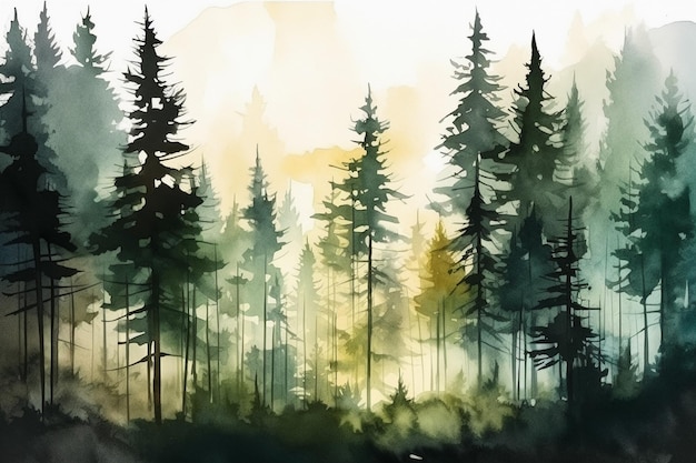 A watercolor painting of a forest with a green background and the words " forest " on the bottom.