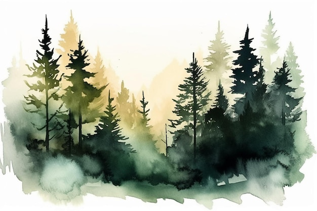 A watercolor painting of a forest with a green background.