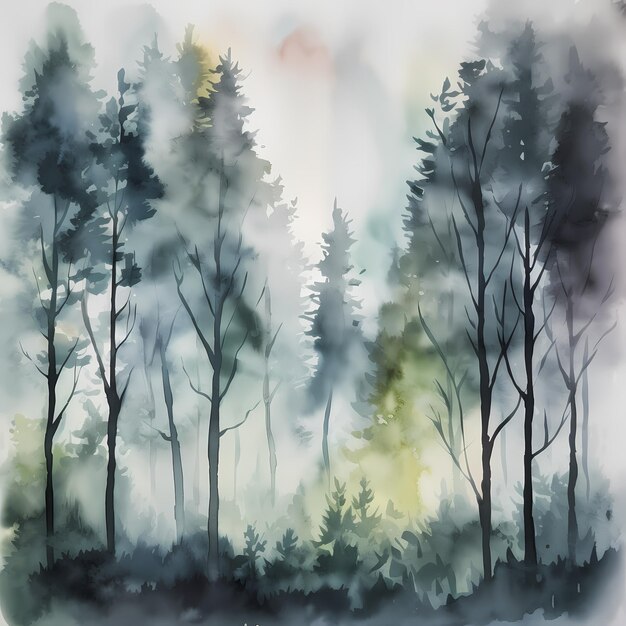 Photo a watercolor painting of a forest with a green tree in the background