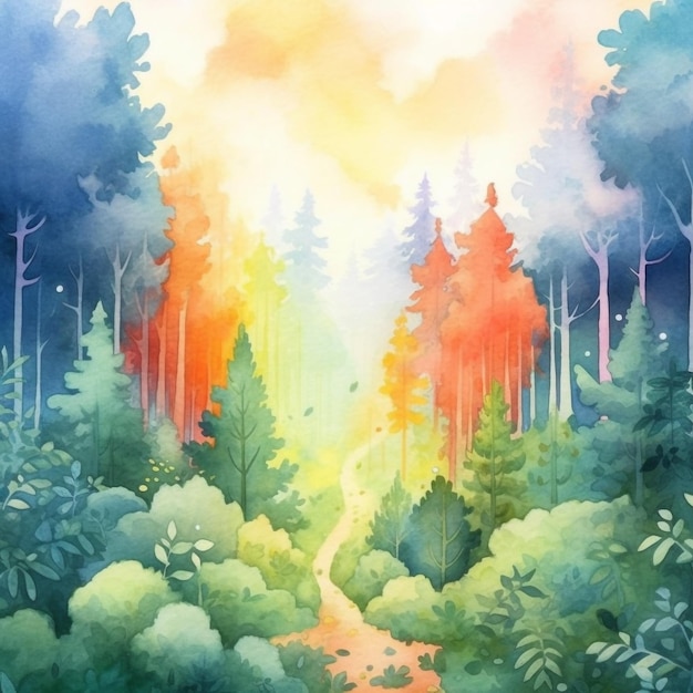 A watercolor painting of a forest with a path leading to the sun