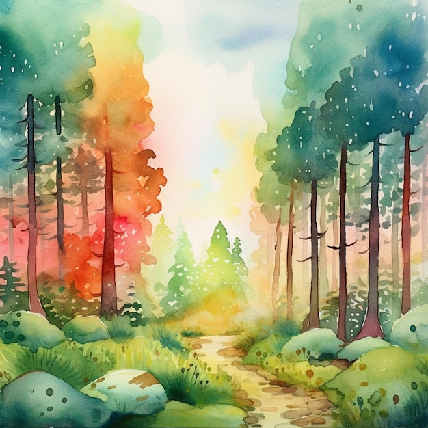 중간에 길이 있는 숲의 수채화 그림.
