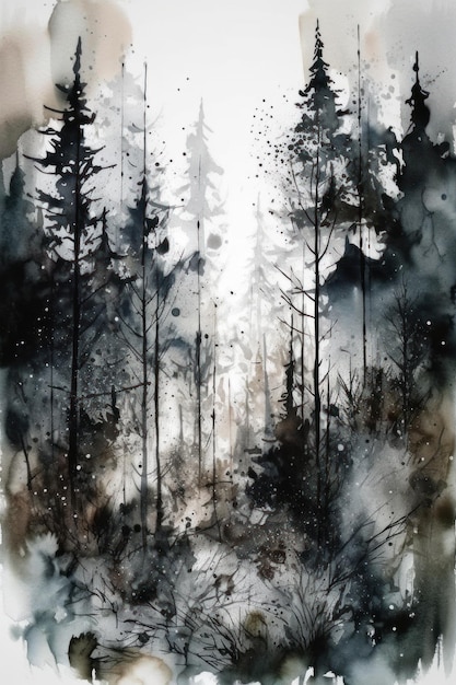 A watercolor painting of a forest with a path in the middle.
