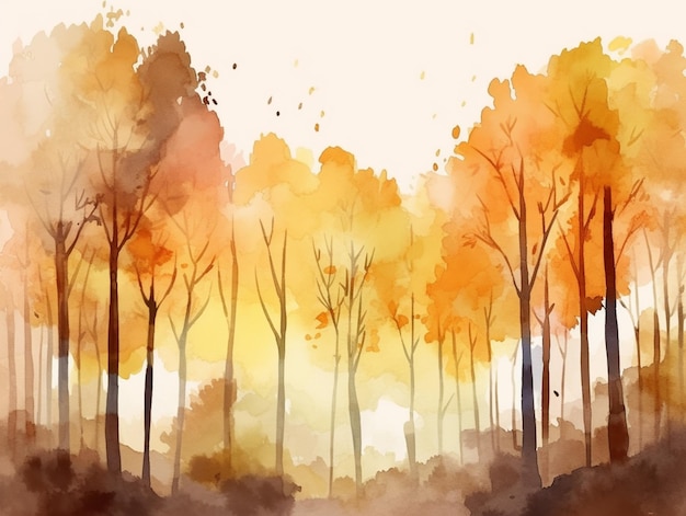 Watercolor painting of a forest with trees in orange and yellow leaves.