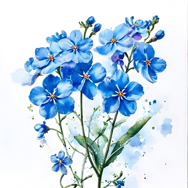 Watercolor painting of forget me not flowers on white background