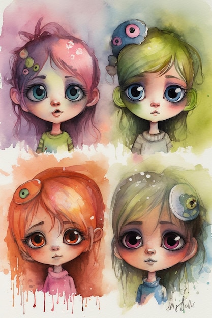 A watercolor painting of four different colored eyes.