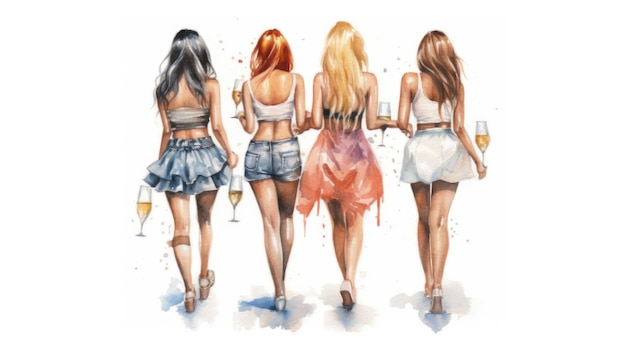 A watercolor painting of four girls walking with champagne glasses.