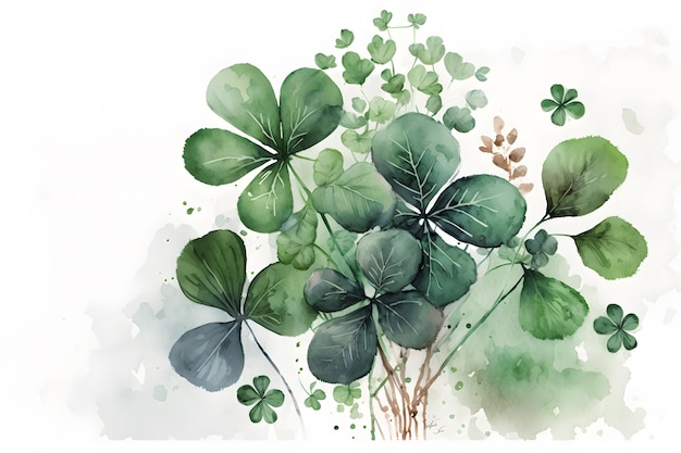 A watercolor painting of four - leaf clovers.