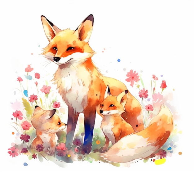 A watercolor painting of a fox family with flowers.