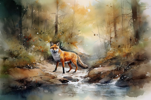 A watercolor painting of a fox in a forest