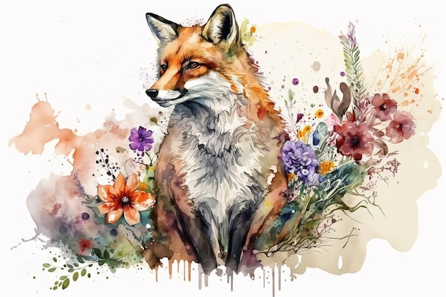 A watercolor painting of a fox in a garden with flowers.